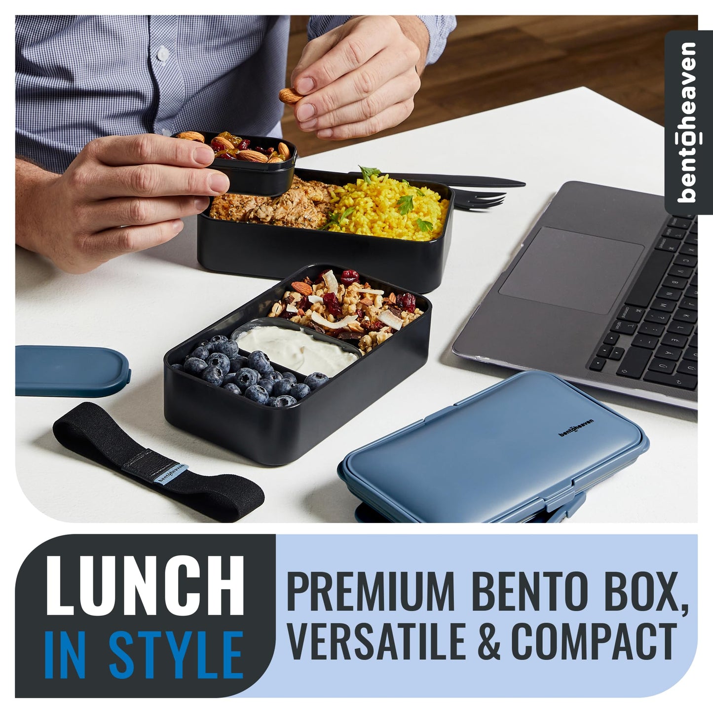 Bentoheaven Premium Bento Box Adult Lunch Box with Compartments for Women & Men, Set of Utensil & Chopsticks & Dip Container, Cute Japanese Kids Bento Lunch Box, Microwavable (Steel My Heart)