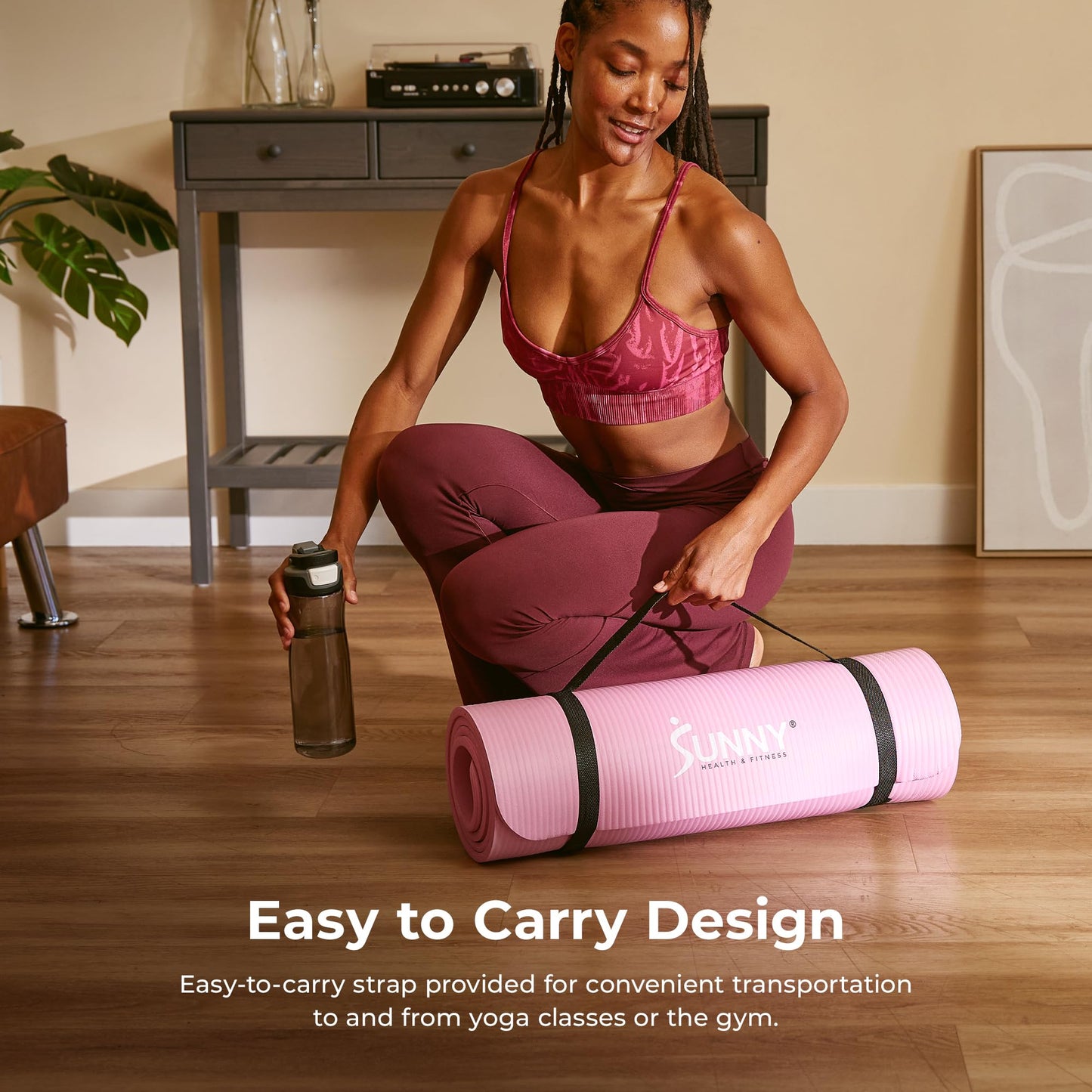 Sunny Health & Fitness Premium 1/2-Inch Extra Thick Exercise Yoga Mat Non-Slip High Density Pilates and Floor Workout Elastic Strap Portable with Carrying Strap- Grey - 74 x 24 Inches - SF-EM03-GY