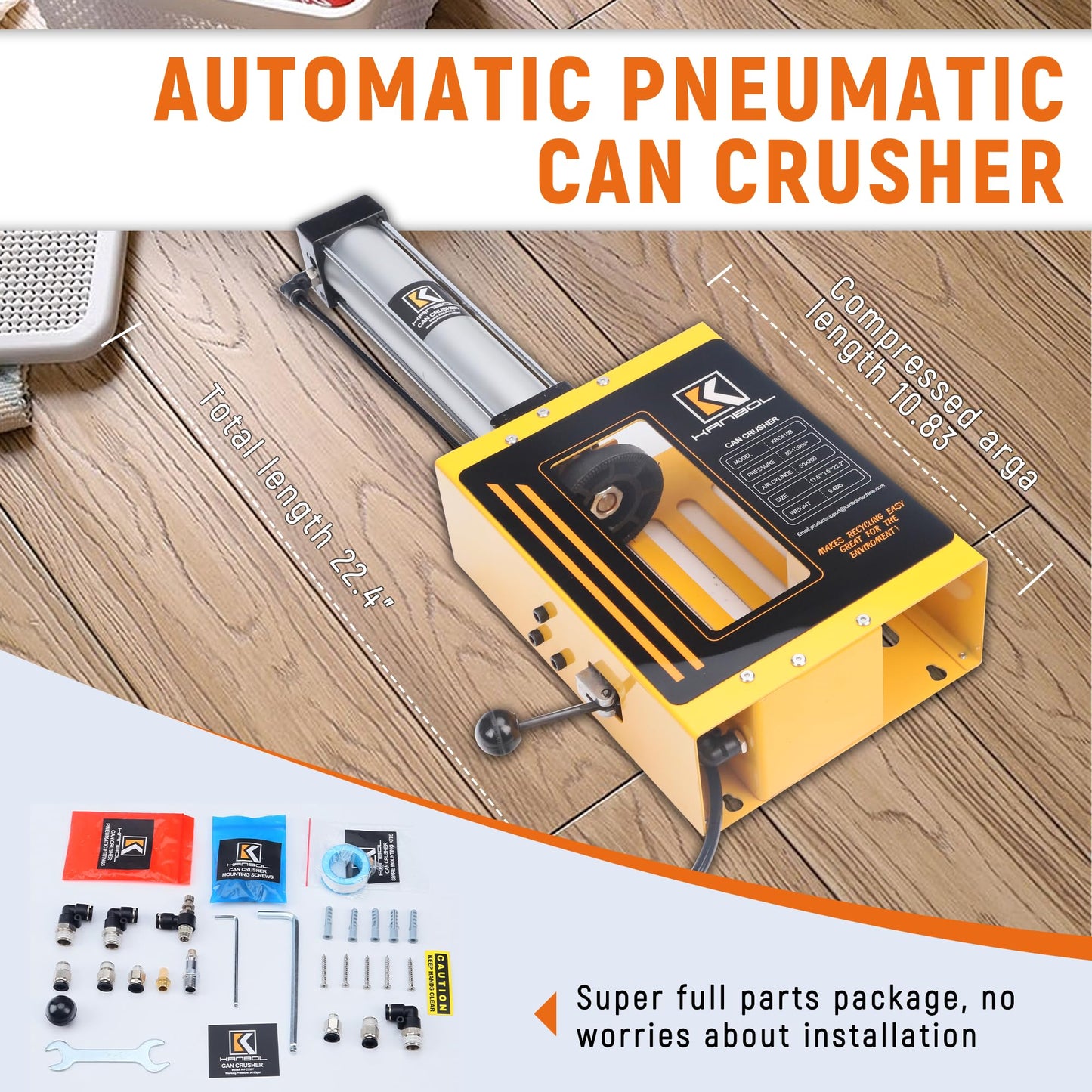 KANBOL Yellow Air-Powered Can Crusher – Fully Enclosed Design for Safe 12oz/16oz Aluminum Can Crushing – Wall Mount Recycling Tool