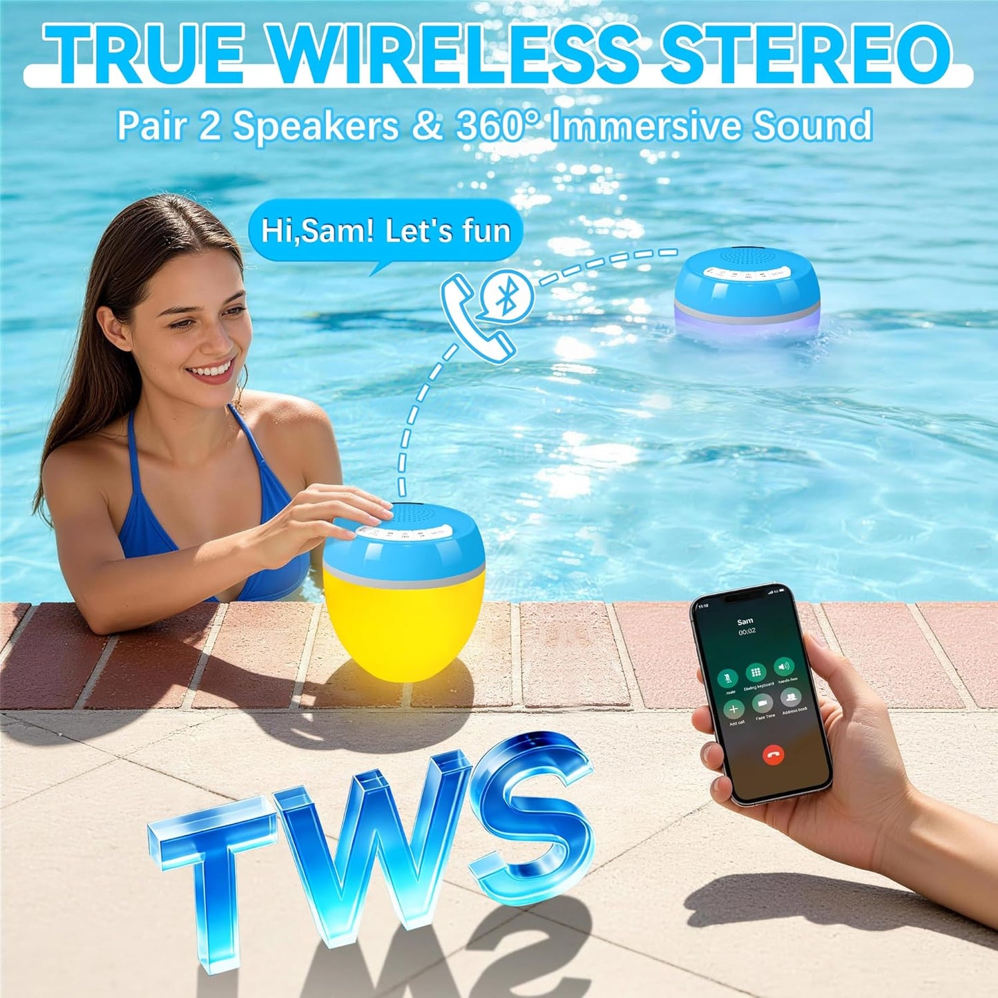 FluSing 3 1 IP68 in Floating Pool Speaker with Digital Thermometer,Bluetooth Pool Speaker with Colorful Lights,TWS