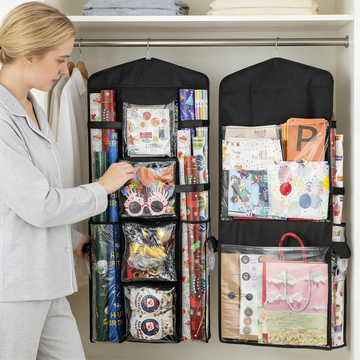 Regine Switzerland Christmas Wrapping Paper Organizer - Double-Sided Gift Bag Storage, Black
