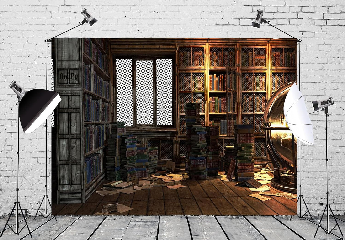 BELECO 5x3ft Fabric Magical Fantasy Library Backdrop Vintage Wooden Bookshelf Backdrop Antique Book Racks Globe Ancient
