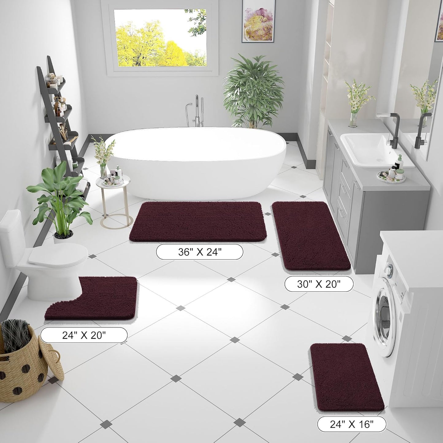 OLANLY Bathroom Runner Rugs - Soft Absorbent Chenille Bath Mats | Quick-Dry, Machine Washable, 44x24, Black Cherry