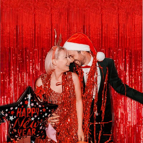 Foil Curtain Backdrop by [Brand Name] - Red Metallic Tinsel Fringe | Perfect for Parties & Celebrations