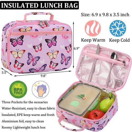 JIANYA Girls Backpack for School Elementary Kids Bookbag School Bag with Lunch Box, Butterfly Pink