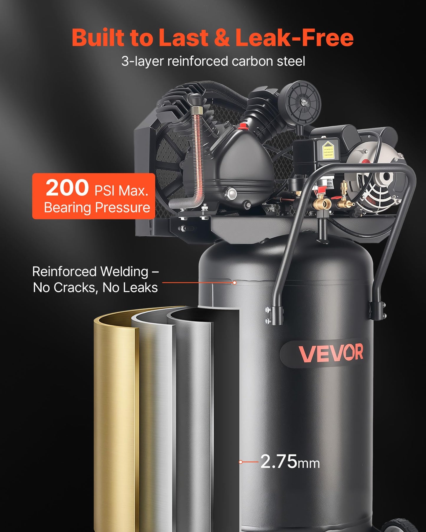 VEVOR 25-Gallon Air Compressor, 2HP 5.5 SCFM at 90PSI, Max 200PSI Pressure Oil-Lubricated Air Compressor Tank, Portable on Wheels for Auto Repair, Tire Inflation, Spray Painting, Woodwork Nailing 120V