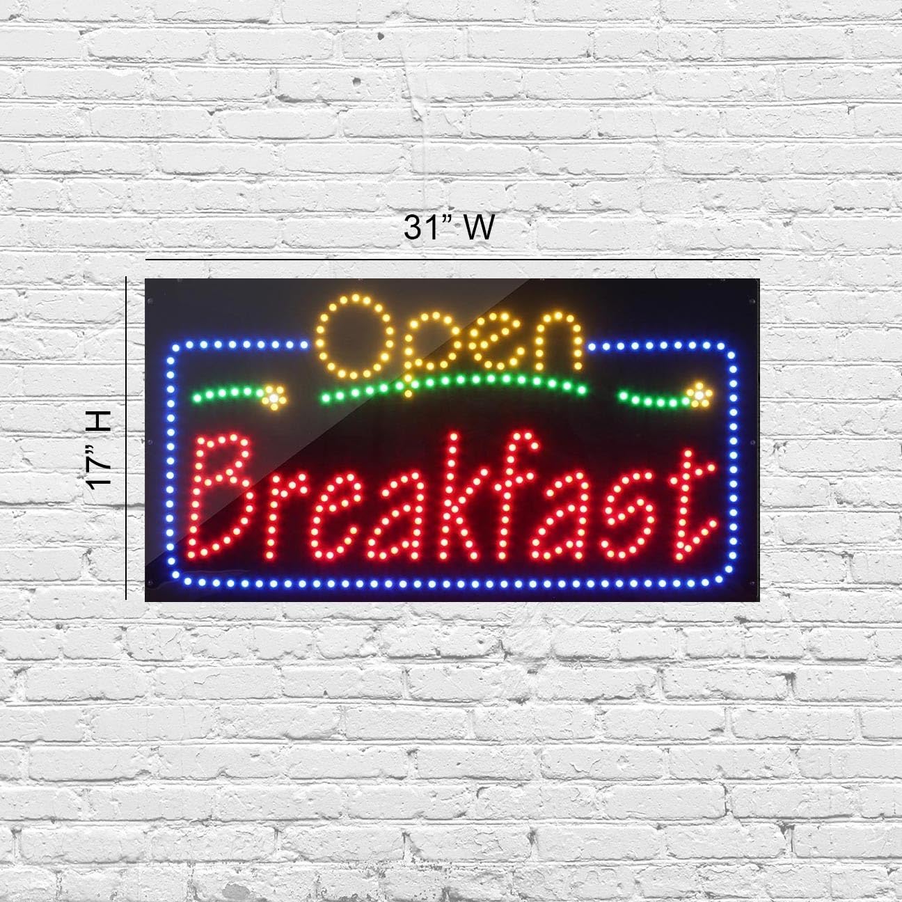 LED Open Breakfast Sign for Retail Business Displays |Advertising Electronic Light Up Sign for Windows Walls | 17"h x 31"w x 1"d
