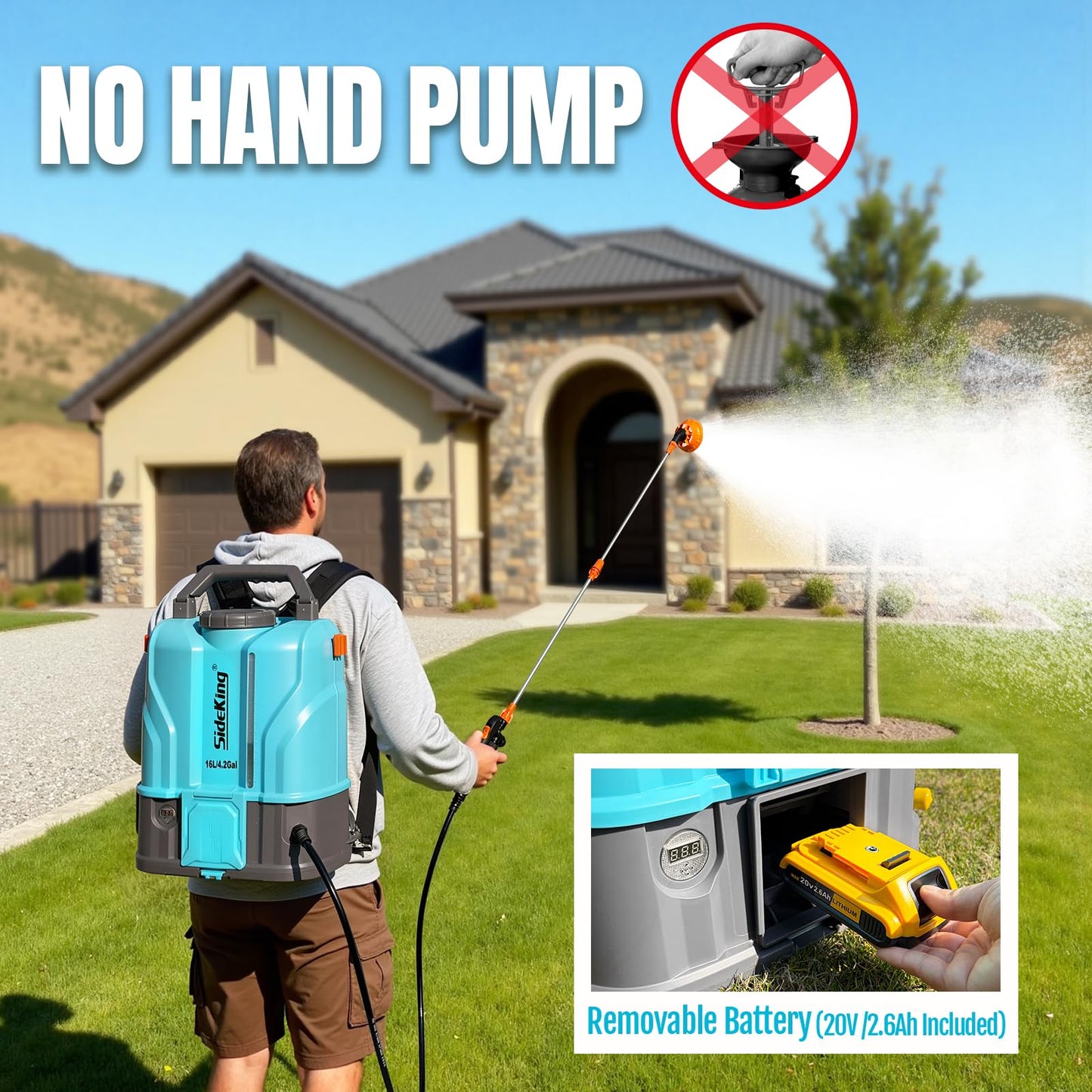 SideKing 4.2 Gallon Battery Powered Backpack Sprayer, 120 PSI Powerful Electric Sprayer Compatible with DeWalt 20V Battery, Max 1.0 GPM, 5 Nozzles & 2 Spray Wands for Lawn, Yard, Weed & Pest Control