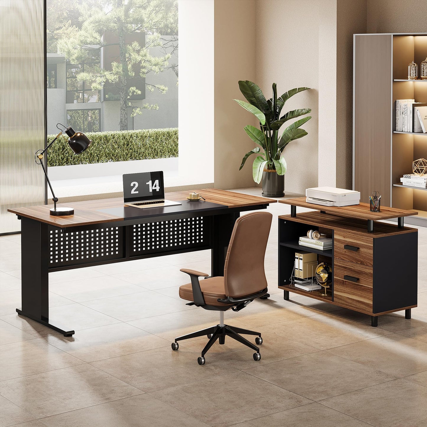 Tribesigns 63-Inch L-Shaped Executive Desk with Storage Shelves, Large Office Computer Desk with Drawers and File Cabinet, Industrial Business Workstation for Home Office, Brown and Black