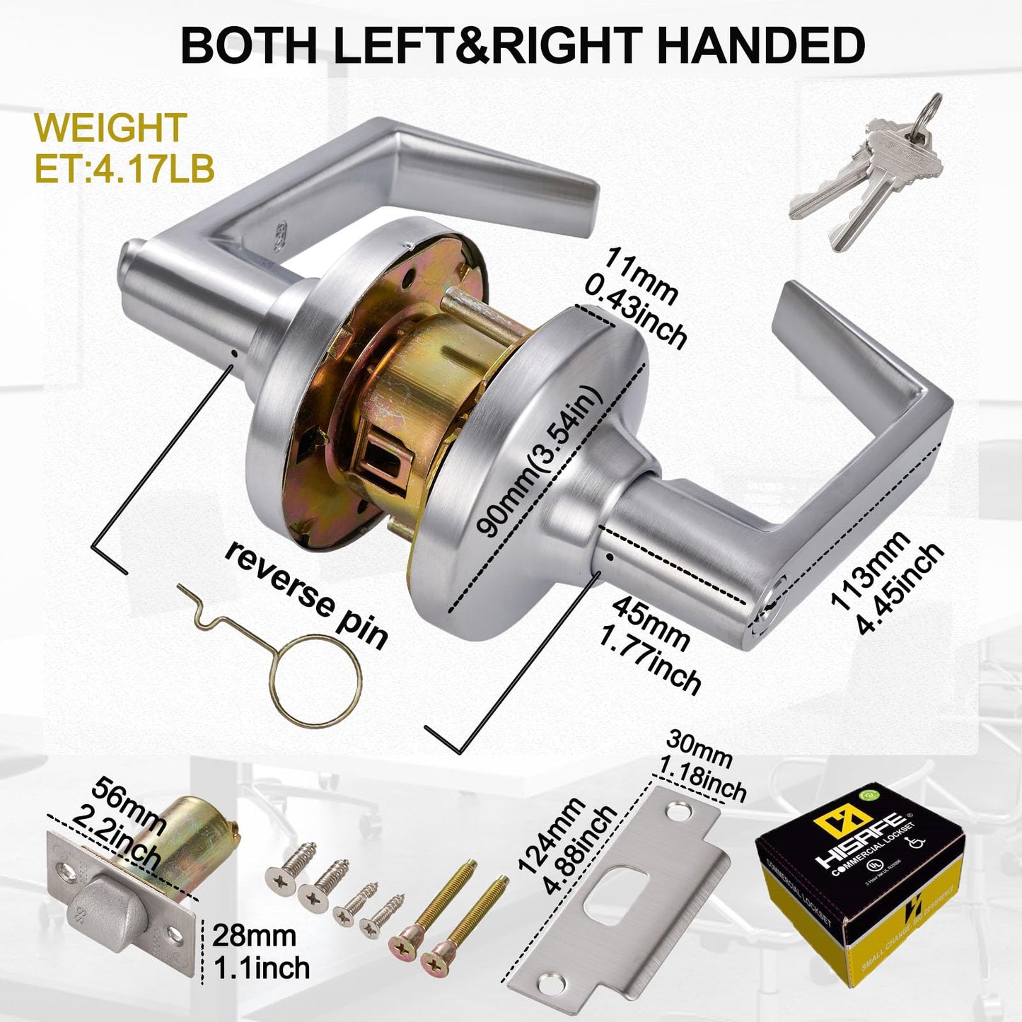 HISAFE Keyed Entry Grade 1 Commercial Door Locks Heavy Duty Office Door Lever, Non-Handed, UL 3 Hour Fire Rated, ADA Compliant, Brass Latch, 2-3/4''Backset, Satin Chrome 26D
