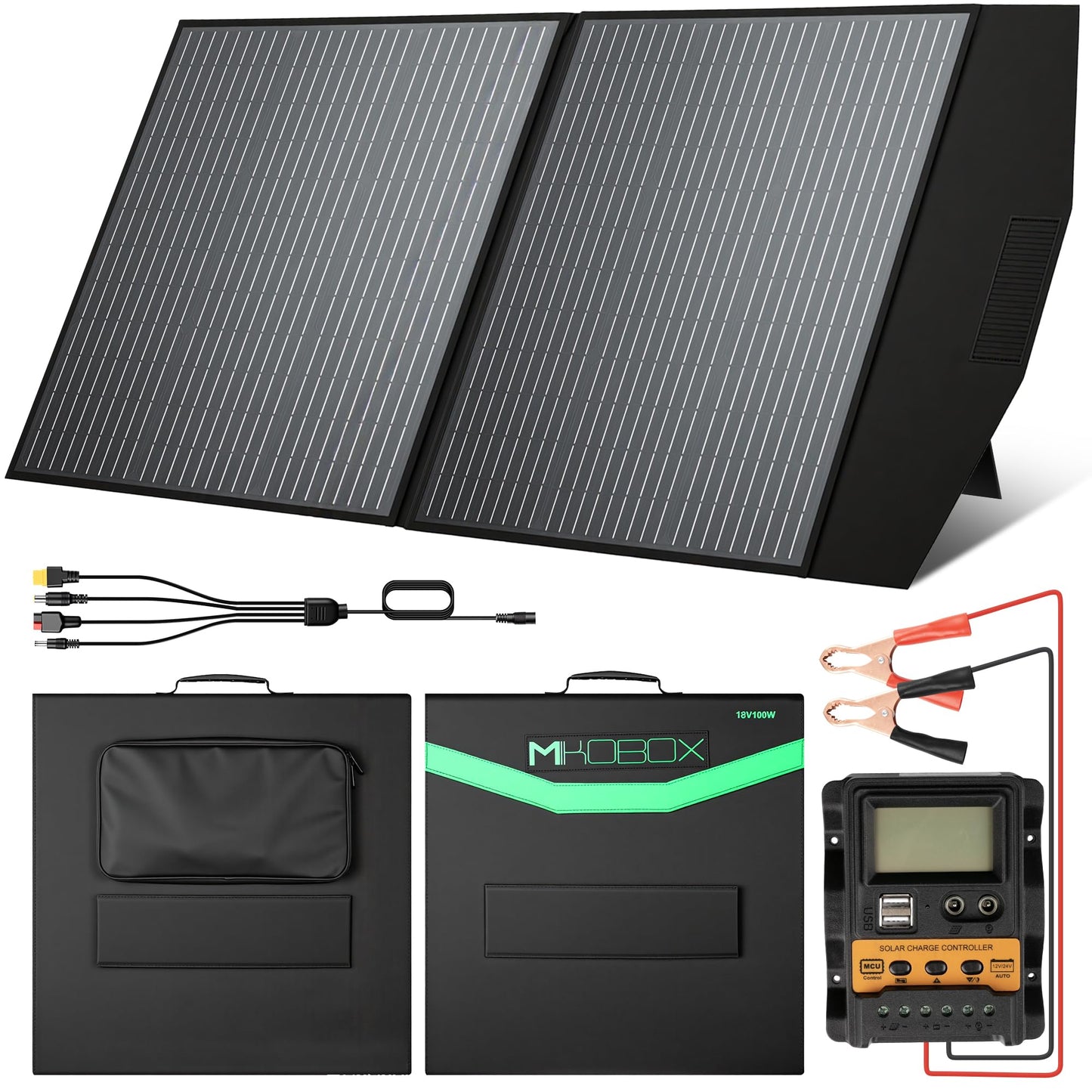 MIKOBOX 100W Portable Foldable Solar Panel Kit with 12V Controller and USB,18V High Efficiency Solar Panel Monocrystalline Charger for Power Stations, RV Camping Emergency Use