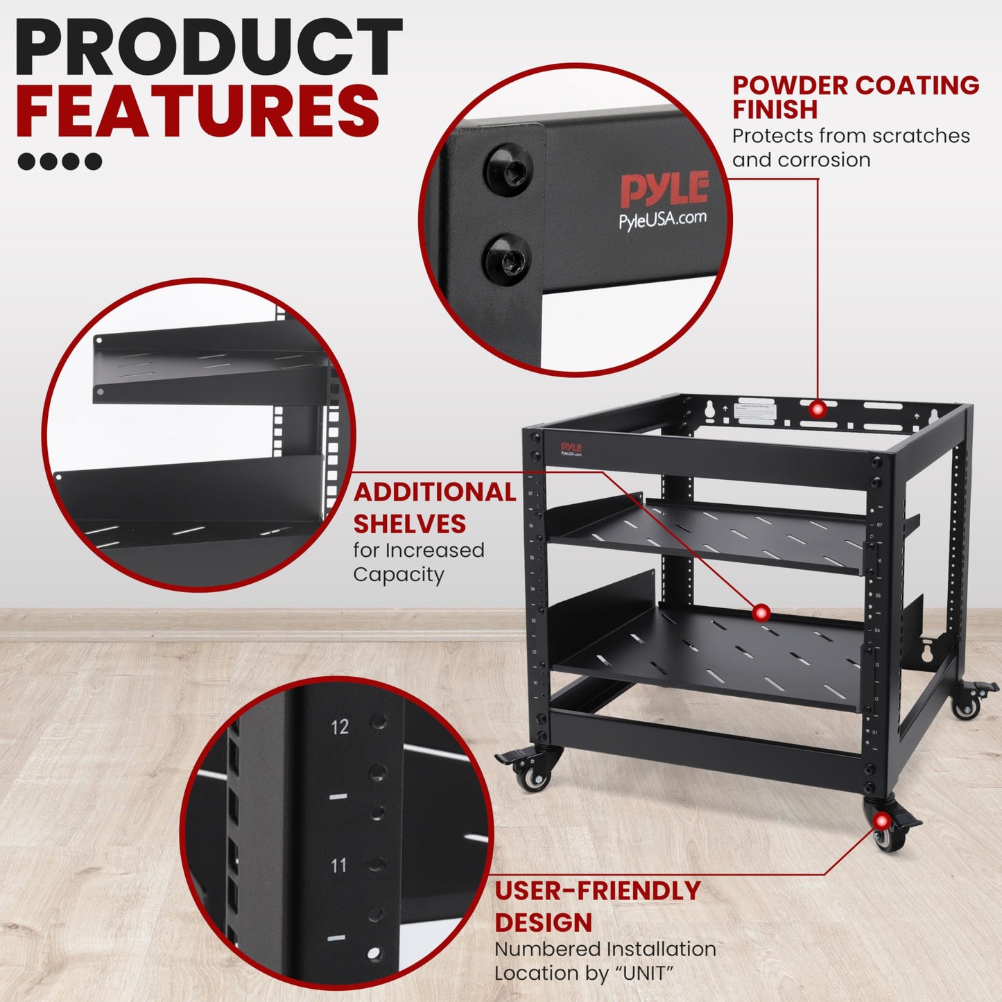 Pyle 10U Network Cabinet, Enclosed Network Rack with Lockable Door | Vented 1U and 2U Rack Shelves with 440 lb Capacity | Steel Construction, 19 in Standard Design | Hardware Included | Black
