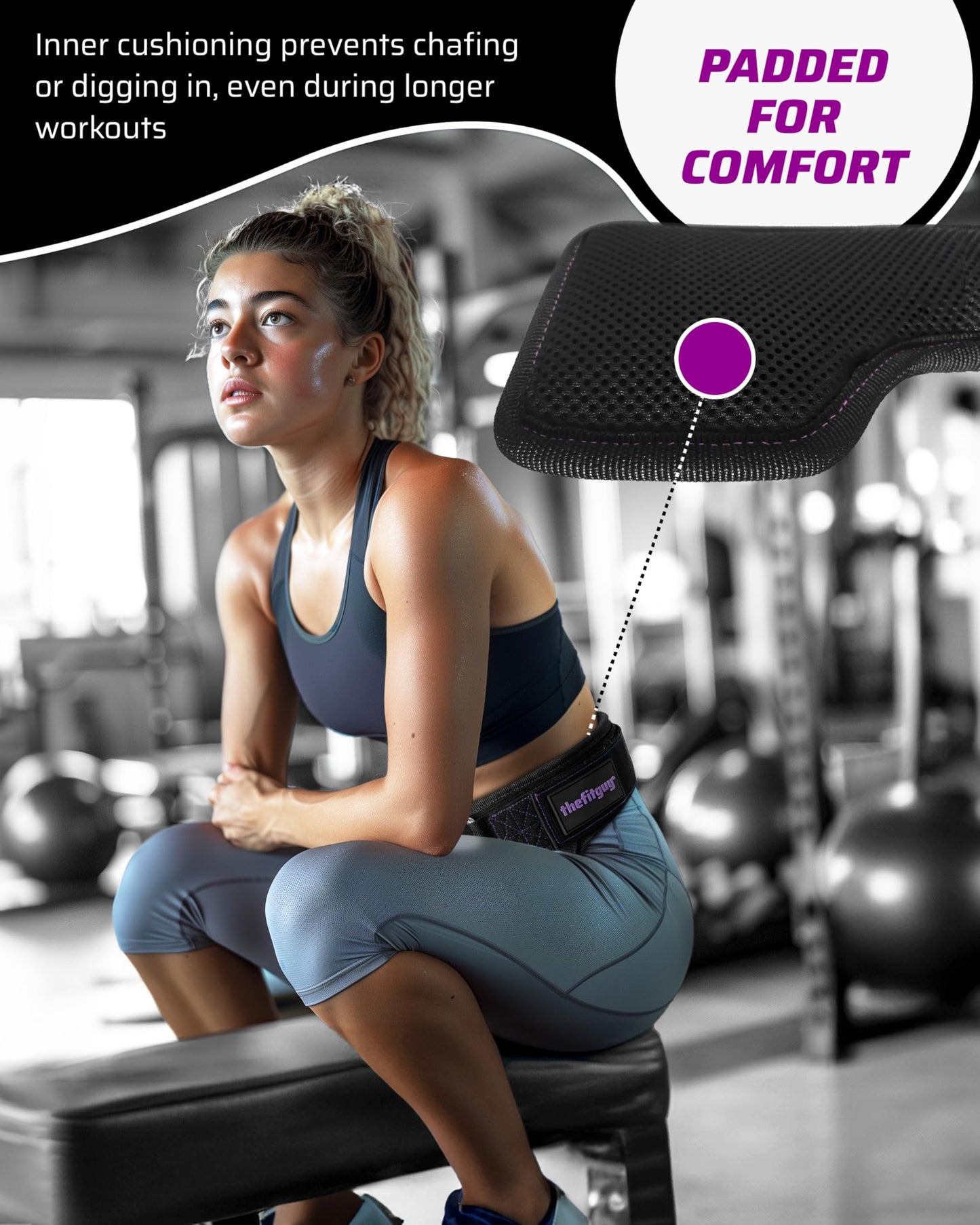 THEFITGUY Women’s Weighted Dip Belt – Contoured No-Pinch Fit for Dips, Pull-Ups & Squats | Designed for Women’s Hips | Sleek Black with Purple Stitching, Secure Buckle, 2 Straps & Hooks Included