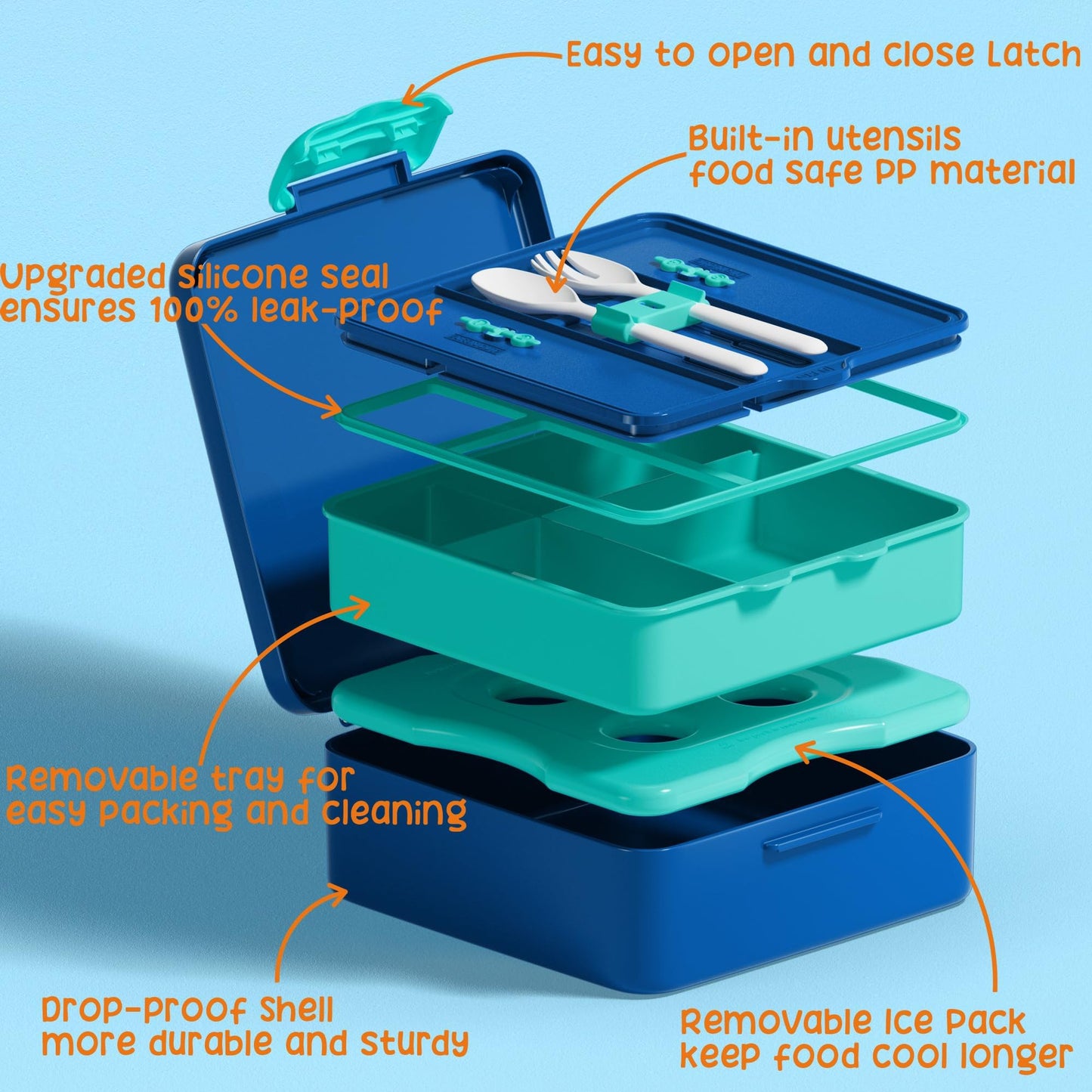 Fimibuke Chill Bento Box for Kids Adult, Leak Proof Toddler Lunch Box with Ice Pack Keep Food Cold, BPA Free 4 Compartment Lunch Container with Utensils for Girl Boy School, Microwave Dishwasher Safe