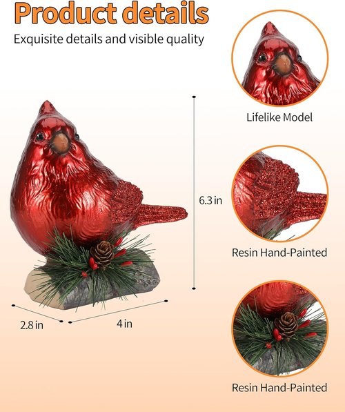 iStatue Red Cardinal Bird Figurines - Realistic 6.3'' Resin Statues for Holiday Home Decor | Set of 2