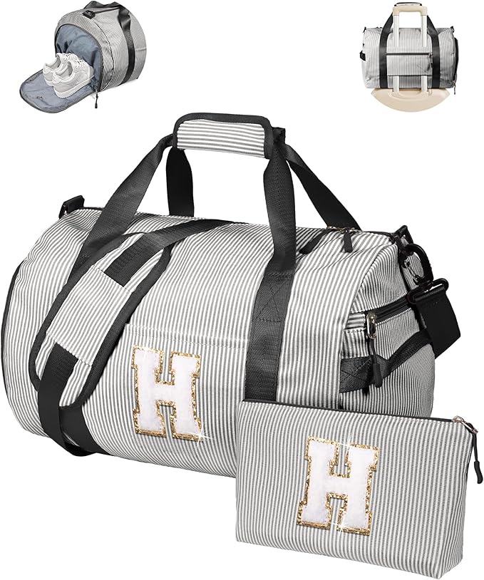 Birthday Gift Idea for Her, Girl Gym Bag, Kids Monogram Overnight Duffel Bags with Shoe Compartment, Personalized Travel Bag with Makeup Pouch, Sweet Girls Gift for Niece (Letter H)