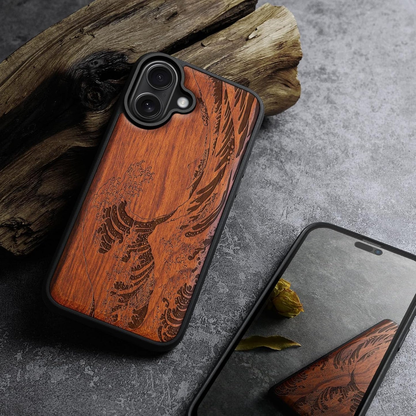 Carveit 17 Magnetic Wooden Case for iPhone Case, Wood Artisan Engraved & Black Soft TPU Shockproof Cover, Compatible