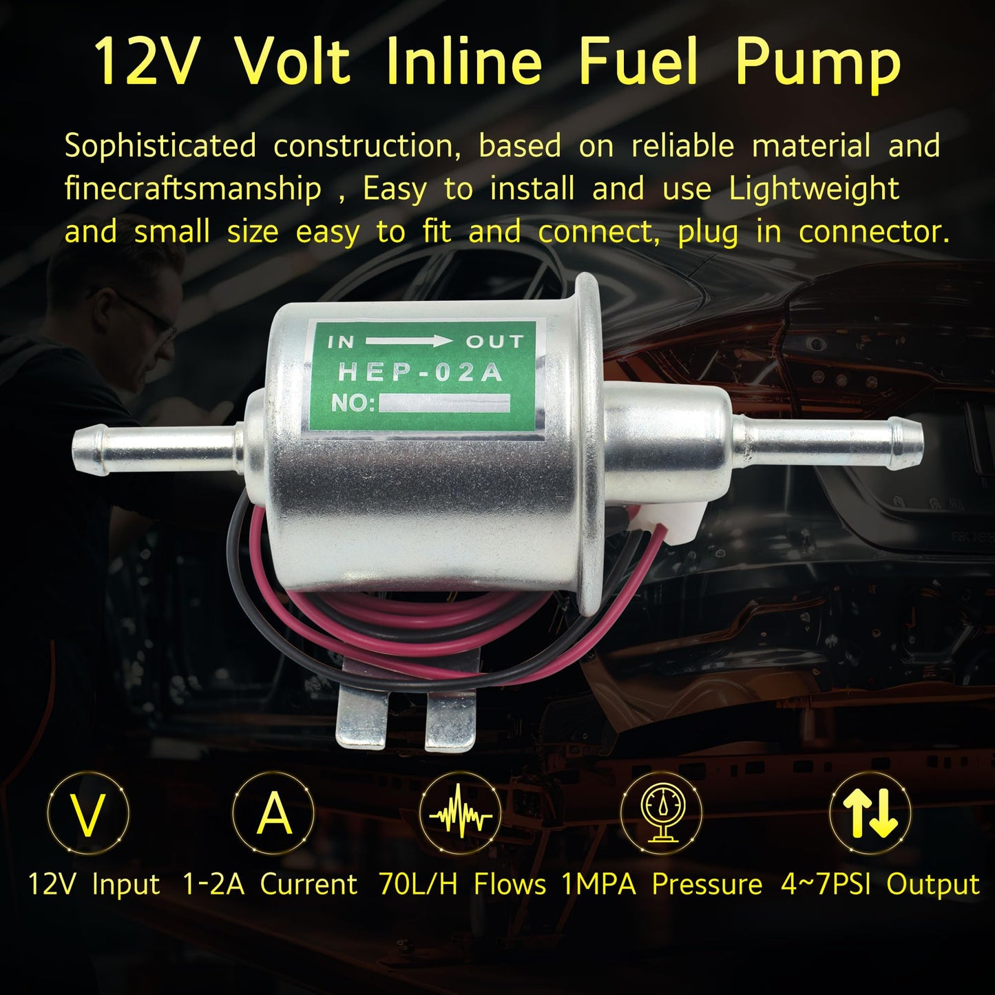 Yezoauto 12V Universal Electric Fuel Pump Low Pressure 4~7 PSI Inline Diesel Gas Compatible with All 12V Cars Trucks Boats Carburetor Lawnmower and Generators HEP-02A ATV