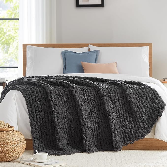 L'AGRATY Chunky Knit Blanket Throw: 80''x90'' Chenille Chunky Knitted Throw Blankets for Bed Couch - Handmade Thick Big Cable Knit Blanket - Large Crochet Blankets for Home Decor(Dark Grey)