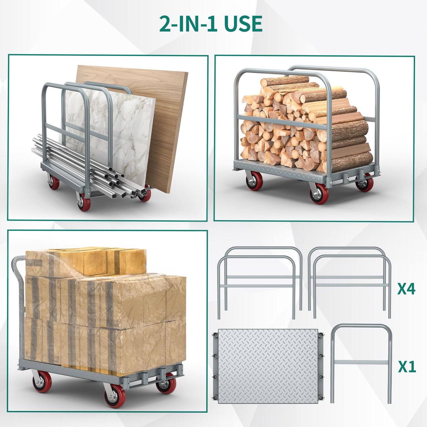 YITAHOME 2 in 1 Drywall Cart Heavy Duty, Folding Platform Carts with Wheels, Heavy Duty Platform Cart with Sides, Steel Panel Truck Carts with 4 Hand Drails