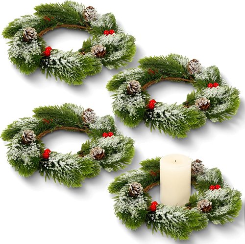 Jansun Christmas Candle Rings - 4 Pcs Red Berries & Pine Needles Mini Wreaths for Holiday Decor