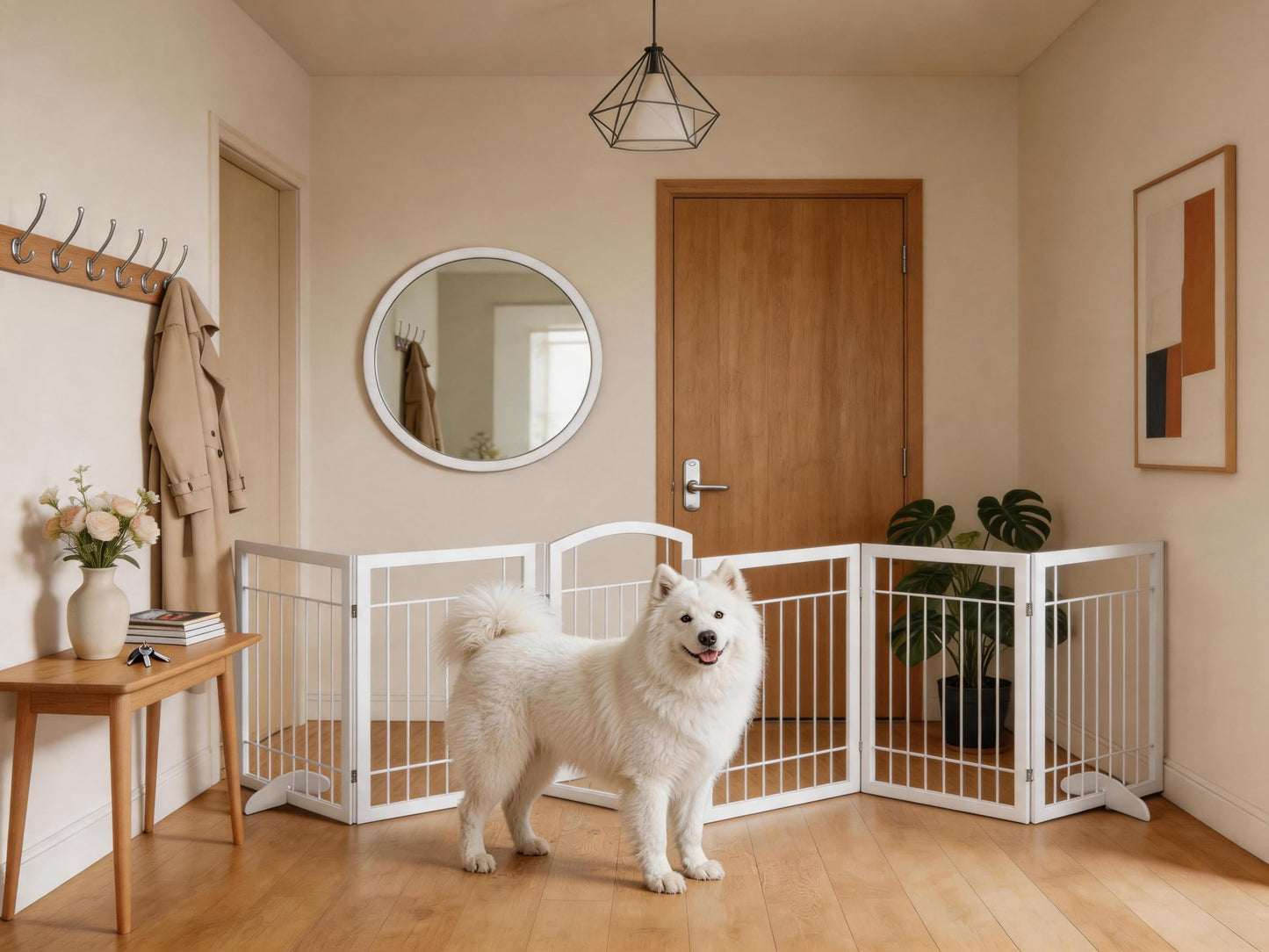 Vantas Folding Pet Gate 144" Wide, 30" Tall No-Assembly Metal Dog Gate with Door Walk Through, Freestanding Wire Pet Puppy Safety Fence, with 2PCS Support - White