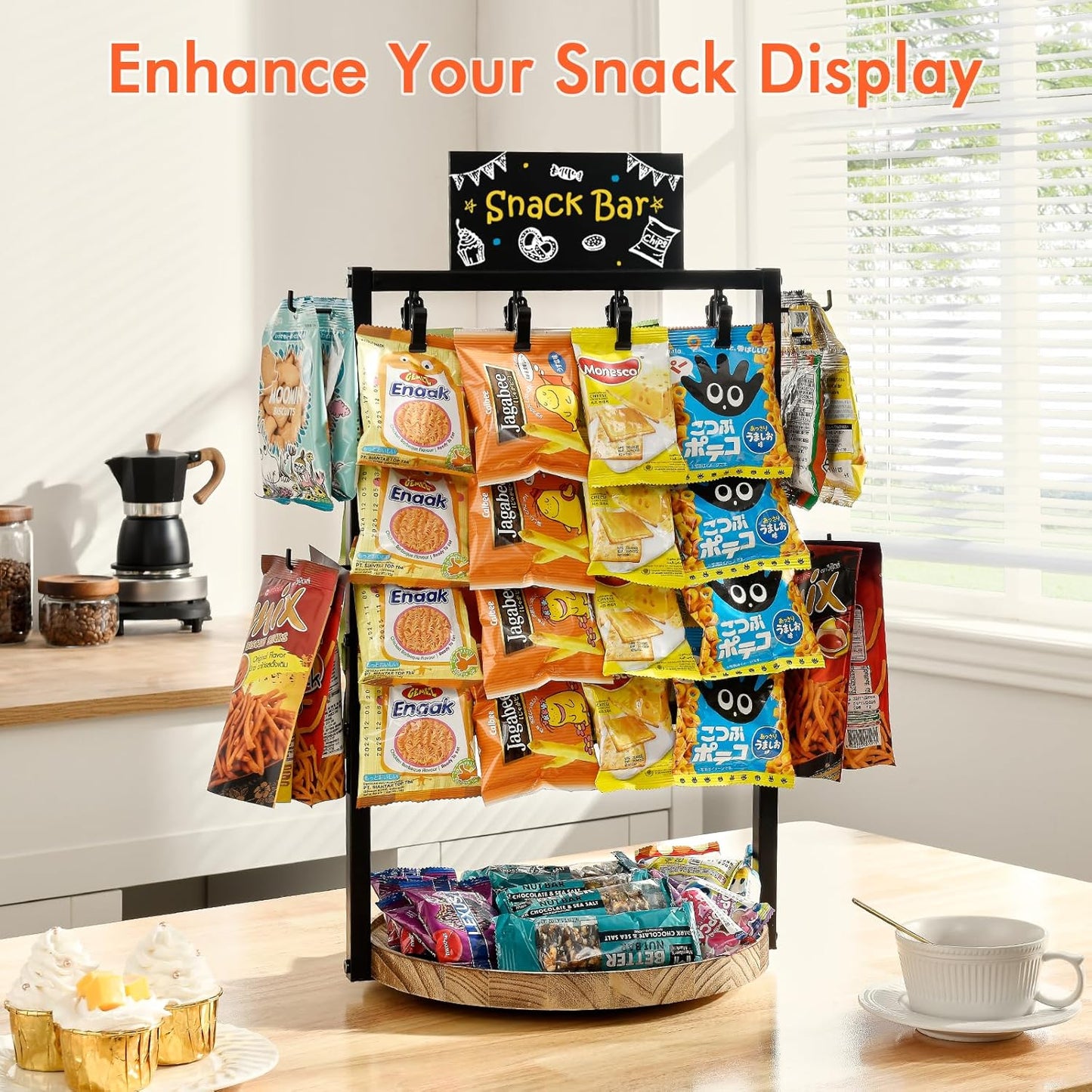 Poyilooo Snack Bar Organizer - 4-Tier 360° Rotating Chip Rack Display Stand | Black Candy Display for Kitchen & Retail