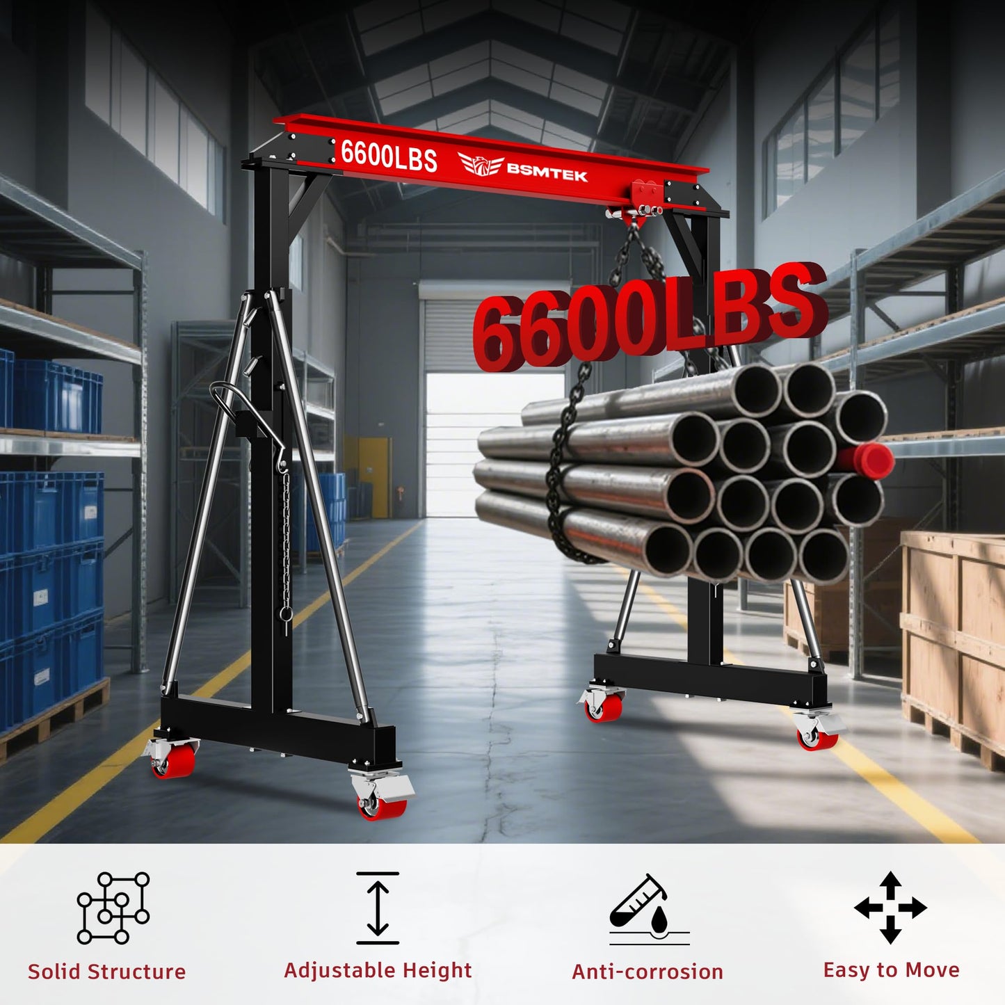 3 Ton Gantry Crane MAX6600LBS, Upgraded Trolley, Adjustable Height (8.53-12.47 FT), Width (8.53 FT), Steel I-Beam Construction, Portable Shop Hoist for Factories, Warehouses