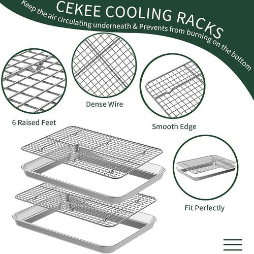 CEKEE Stainless Steel Half Sheet Pans Set - 2 Large Baking Sheets with Racks | Rust & Warp Resistant, 18-Inch