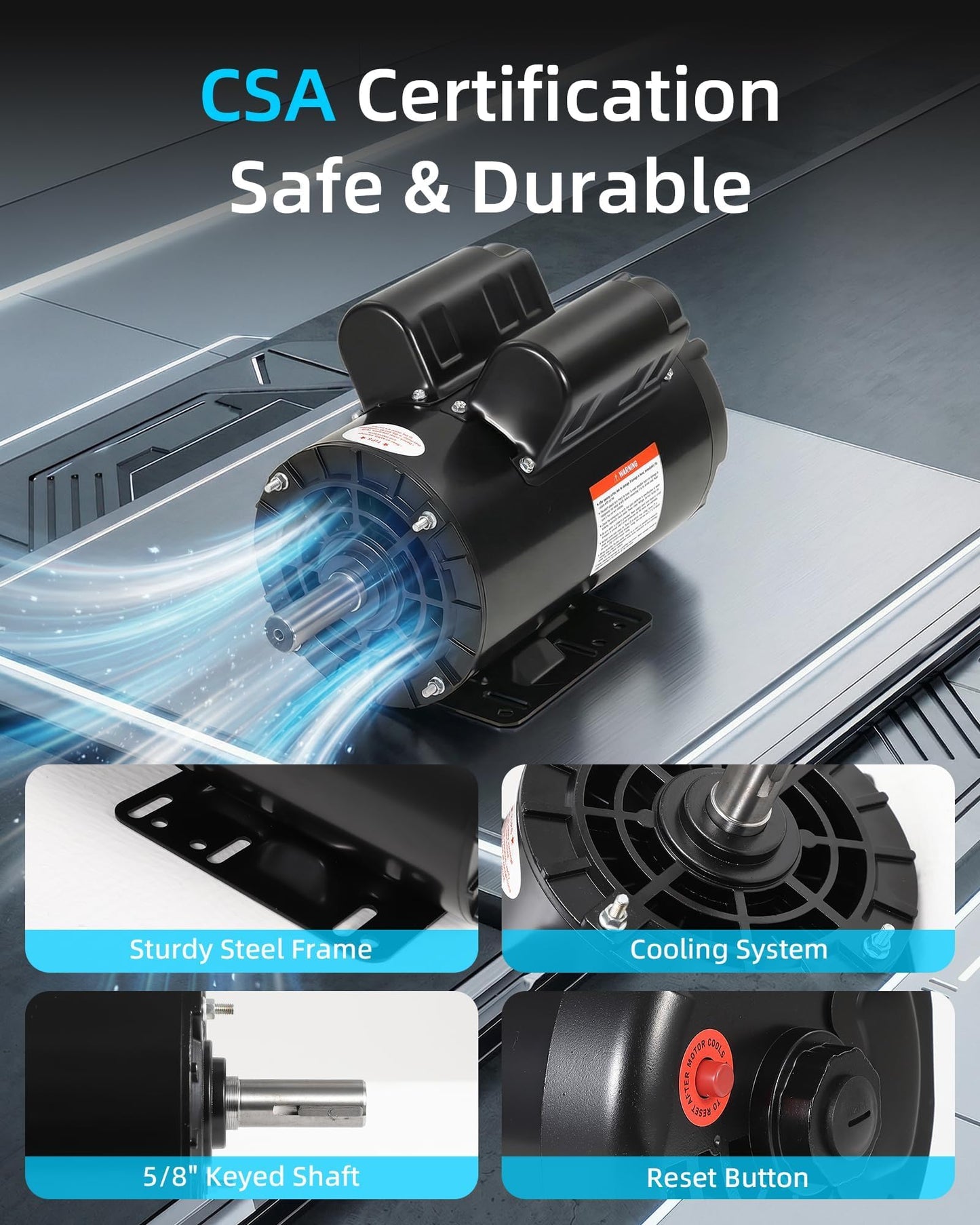 3HP SPL Air Compressor Electric Motor, 230V 17.6Amps, 56 Frame 3450RPM, 5/8“ Keyed Shaft, 1.88” Shaft Length, Single Phase, CW/CCW Rotation, Powerful Motor for General Equipment