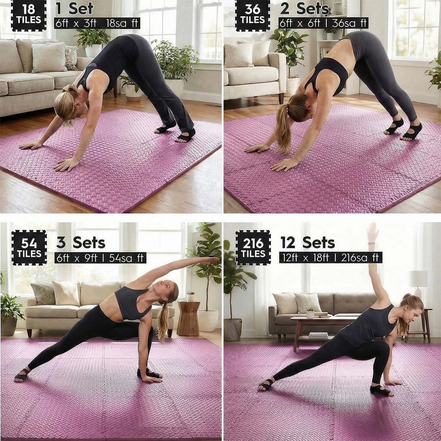 Haulcove Puzzle Exercise Mat, EVA Interlocking Foam Floor Tiles, Non-Slip, Protective, Water-Resistant Flooring for Home Gym & Workout Equipment, 12.6" x 12.6" x 0.4", 18 Sq Ft, 18 Tiles, Pink