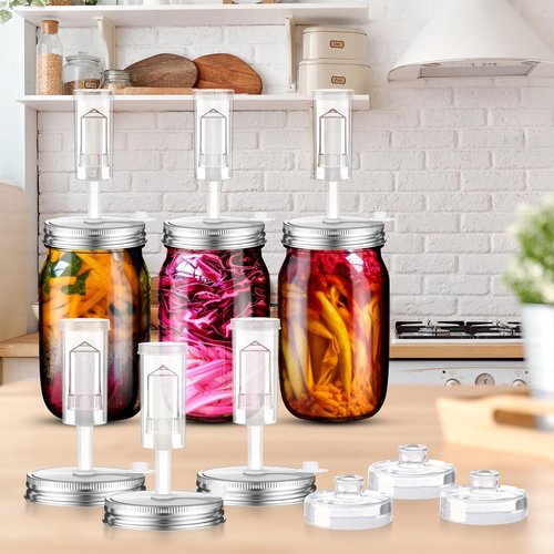Honeydak 6 Pack Fermentation Jar Kit Include 34 oz Wide Mouth Mason Glass Jars with Fermenting Weights and Airlocks, Stainless Steel Lids, Pickle Jar for Kimchi, Sauerkraut, Vegetables, Yogurt
