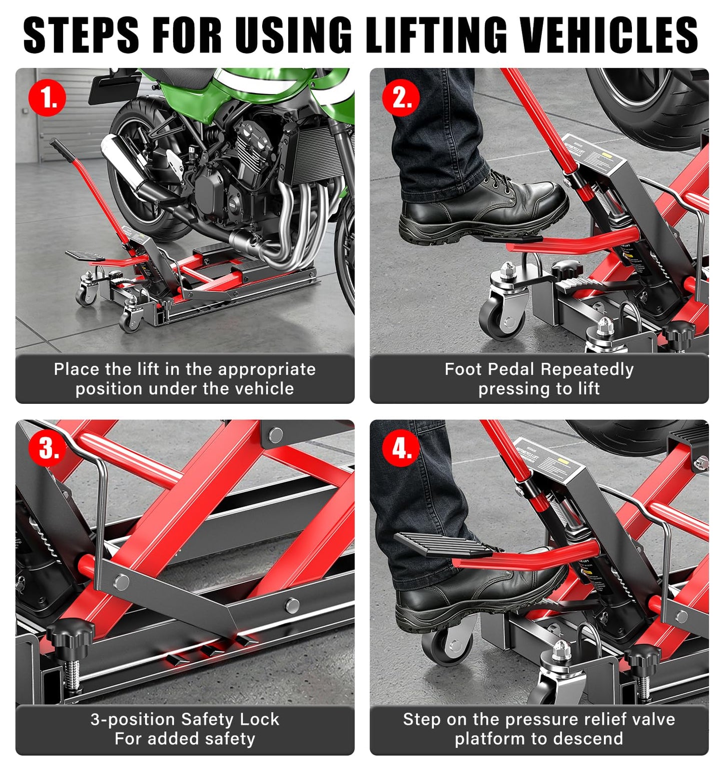 HUGOASIS 1500 LBS Heavy Duty Motorcycle Scissor Lift Jack, 4.5" to 14.6" Height, Portable Steel Construction for Motorcycle, ATV, Dirt Bike Maintenance with Optional Attachments