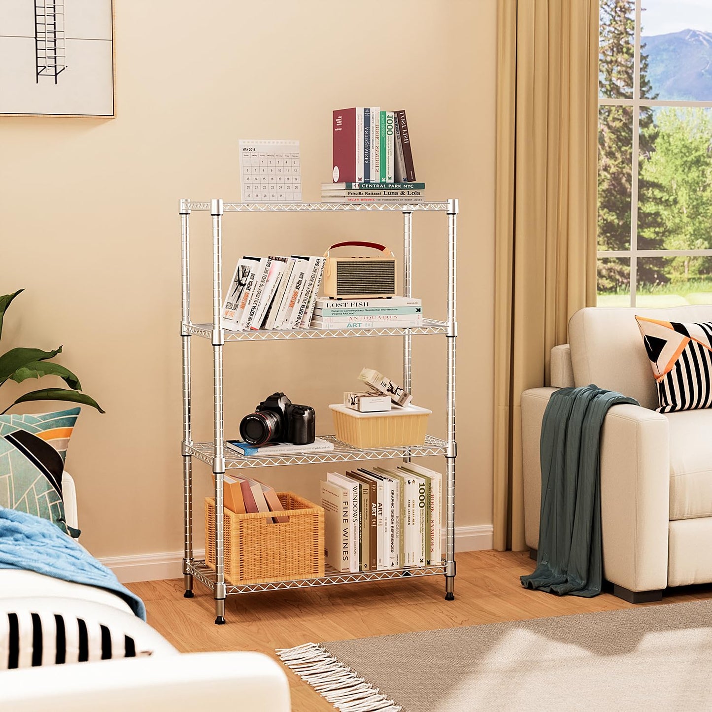 M MZG 5-Shelf Storage Shelves,Wire Shelving Heavy Duty Metal Storage Shelving Unit Adjustable Garage Shelving Rack Pantry Kitchen (Chrome, 4 Tier,15.8" D x 45.3" W x 59.4" H)
