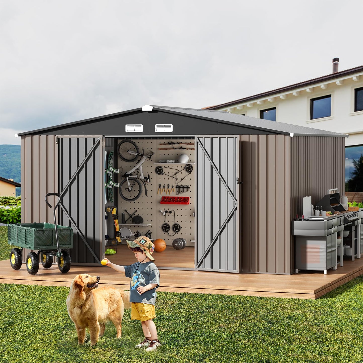 GVDV 12x10 FT Outdoor Metal Storage Shed, Durable Garden Shed with Reinforced Sidewall Girts & Updated Frame Structure, All-Weather Shelter for Backyard, Patio, Tool, Bike Storage