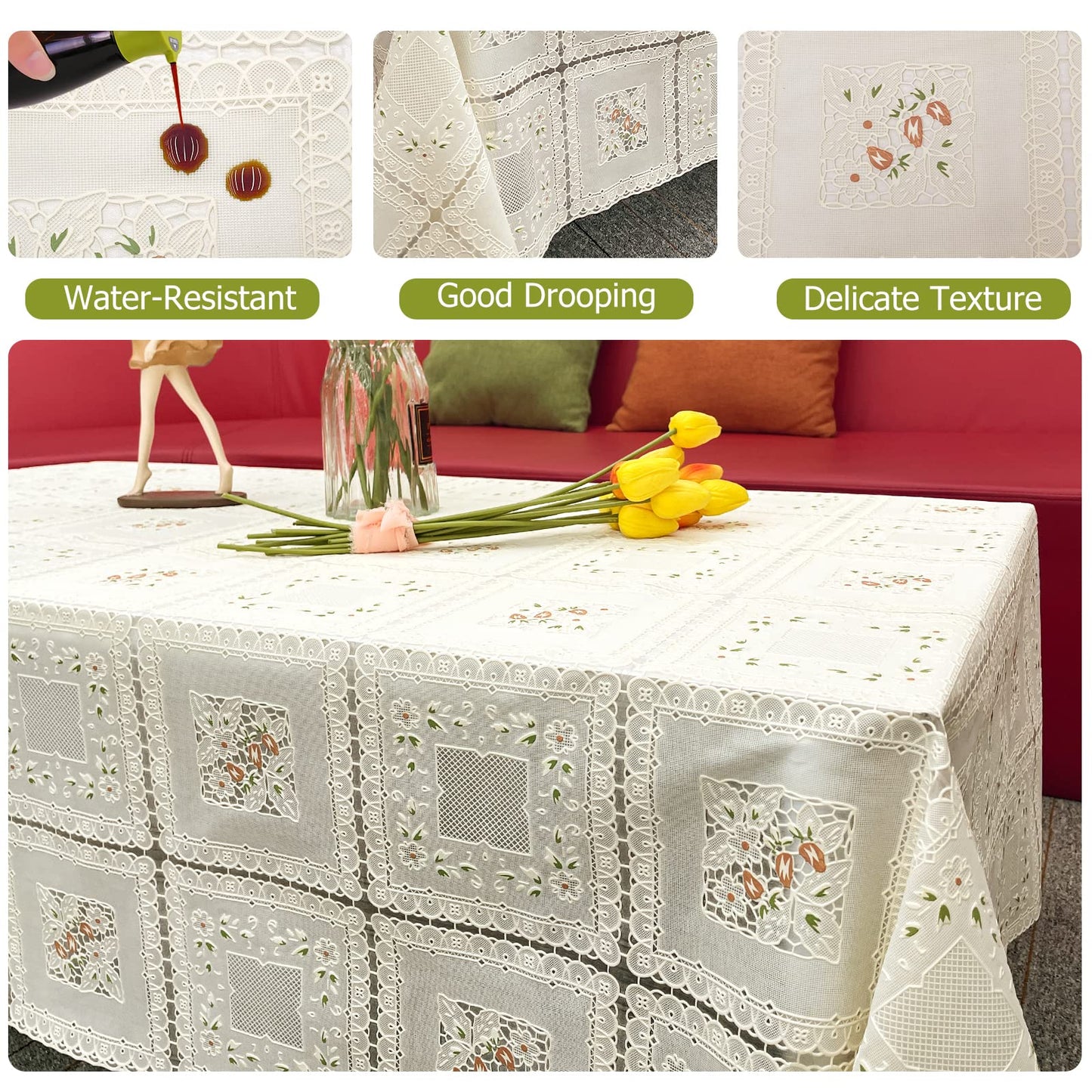 iSamzan Waterproof OilProof Vinyl Table Cover, Plastic Lace Tablecloth for Rectangle Table, Textured Home Decor for Parties, Dining, Kitchen, Outdoor