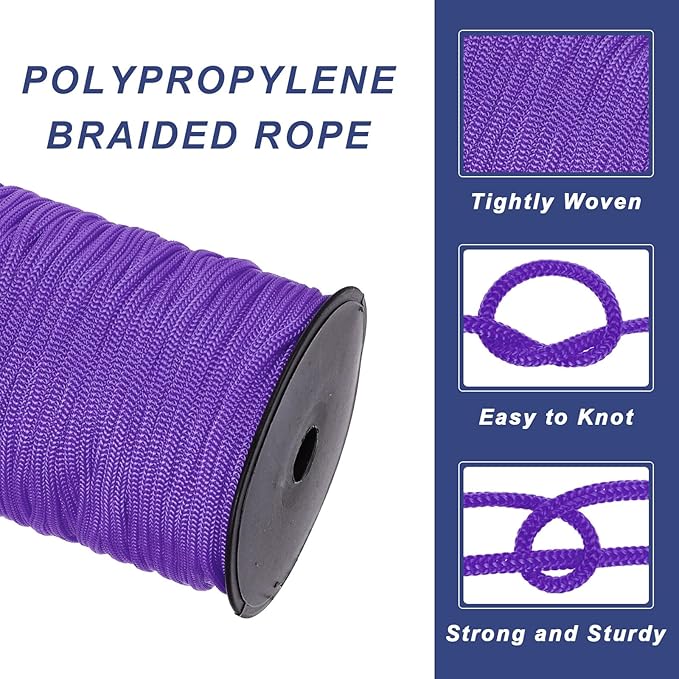MECCANIXITY 3/16 Inch Polypropylene Rope Braided Ropes, 328ft Nylon Rope Hollow Utility Cord for Clothesline, Camping, Hiking, Outdoor, Dark Purple
