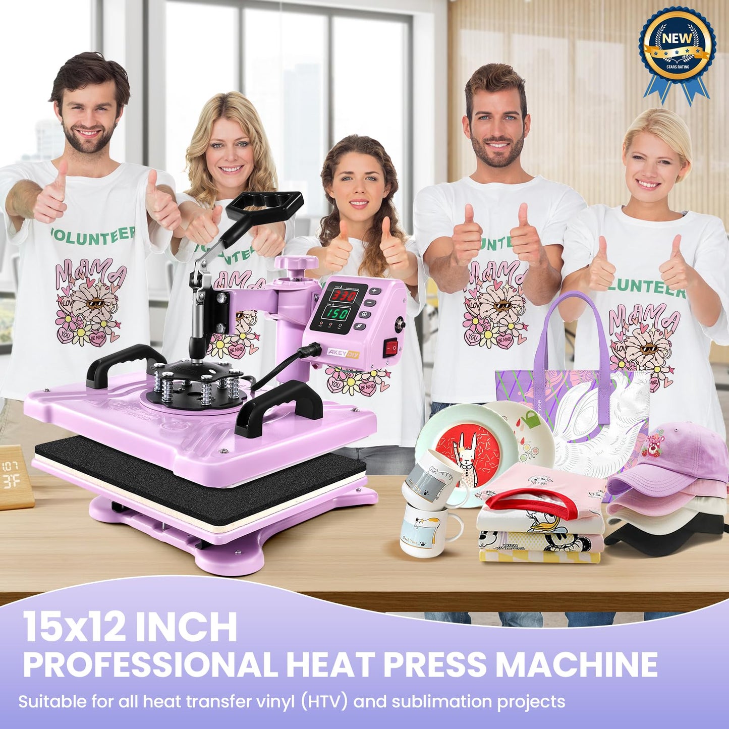 AKEYDIY Heat Press, 8 in 1 Tshirt Press Machine 15"x12" 360° Swing Away Digital Industrial Heat Transfer Machine, Multifunctional Sublimation Heat Press Machine for T Shirts/Mug/Cap/Plate/DIY