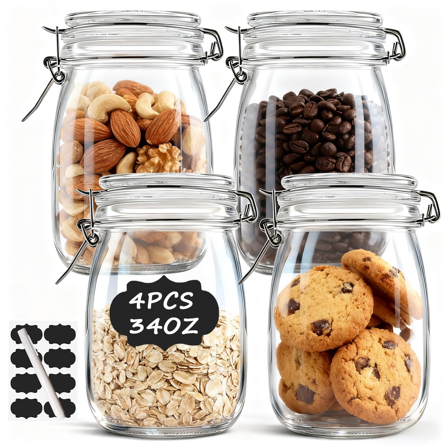 TAOUNOA 4PCS Glass Jars with Airtight Lid, 34 OZ Mason Jars Wide Mouth, Glass Pickling Jars for Canning & Fermenting, Mason Storage Container for Coffee, Flour, Sugar, Pasta