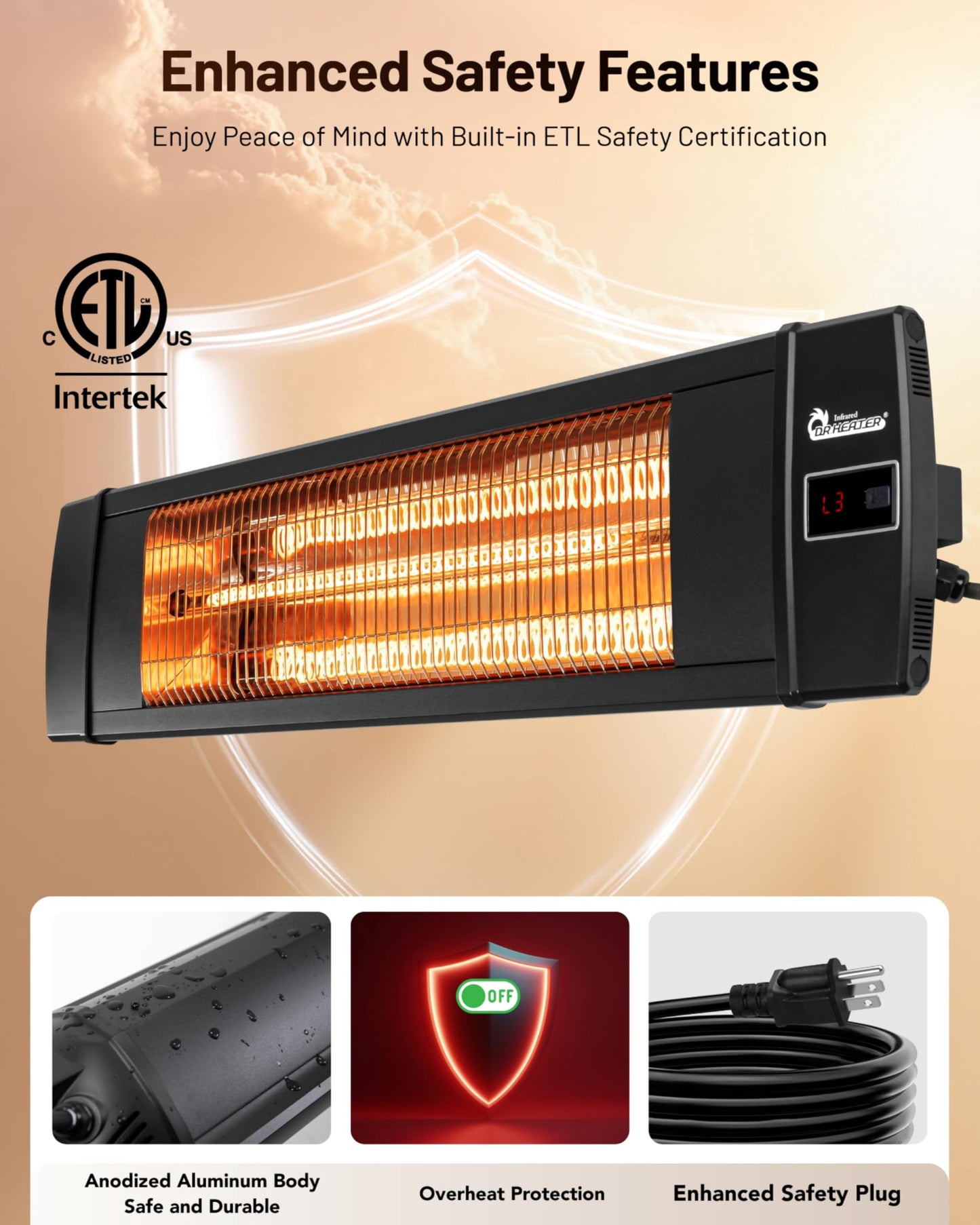 DR. INFRARED HEATER Portable Infrared Indoor and Outdoor Space Heater for Patio, Garage, Commercial & Residential With Remote Control, Without Thermostat, Black