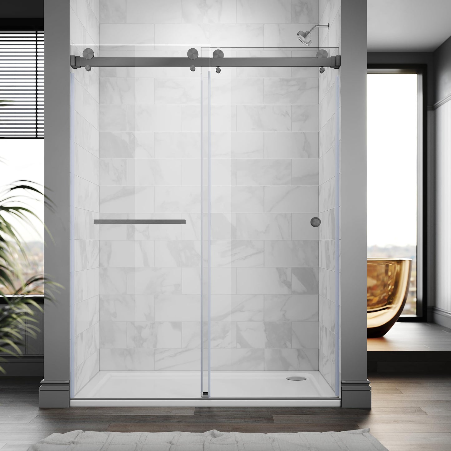 UKD01 61 to 65 in. W x 76 in. H Double Sliding Frameless Shower Doors - Stainless Steel 3/8" (10mm) Certified Tempered Glass 65x76-SG