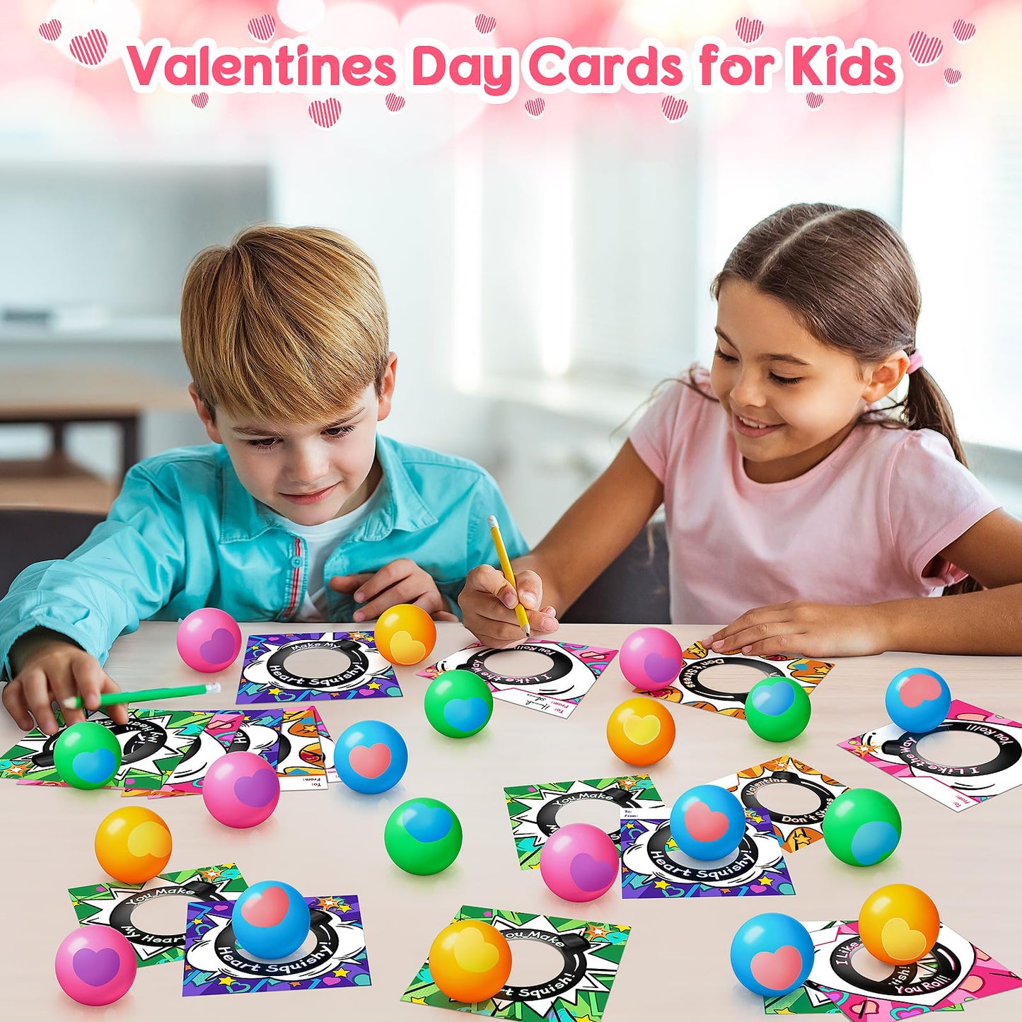 Valentines Day Cards for Kids School, 24 Pack Heart Stress Balls Valentine Day Gifts for Boys Girls, Squeeze Toys for Valentine Party Favor, Ideal Valentines Gifts for Classroom Exchange Prize