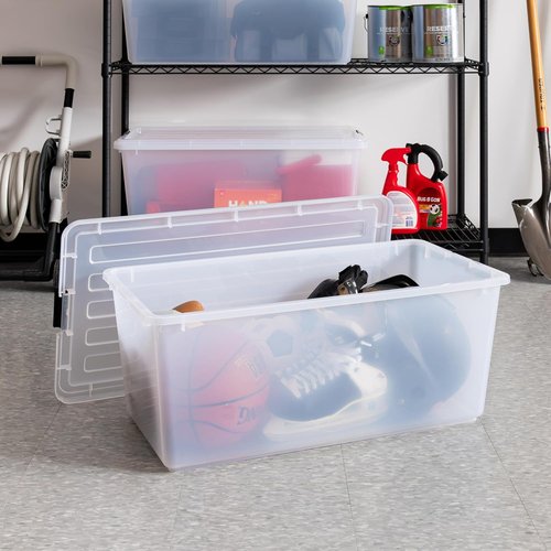 IRIS USA 91 Qt Stackable Plastic Storage Bins - BPA-Free, Durable, See-Through Organizing Solution, 4 Pack - Clear
