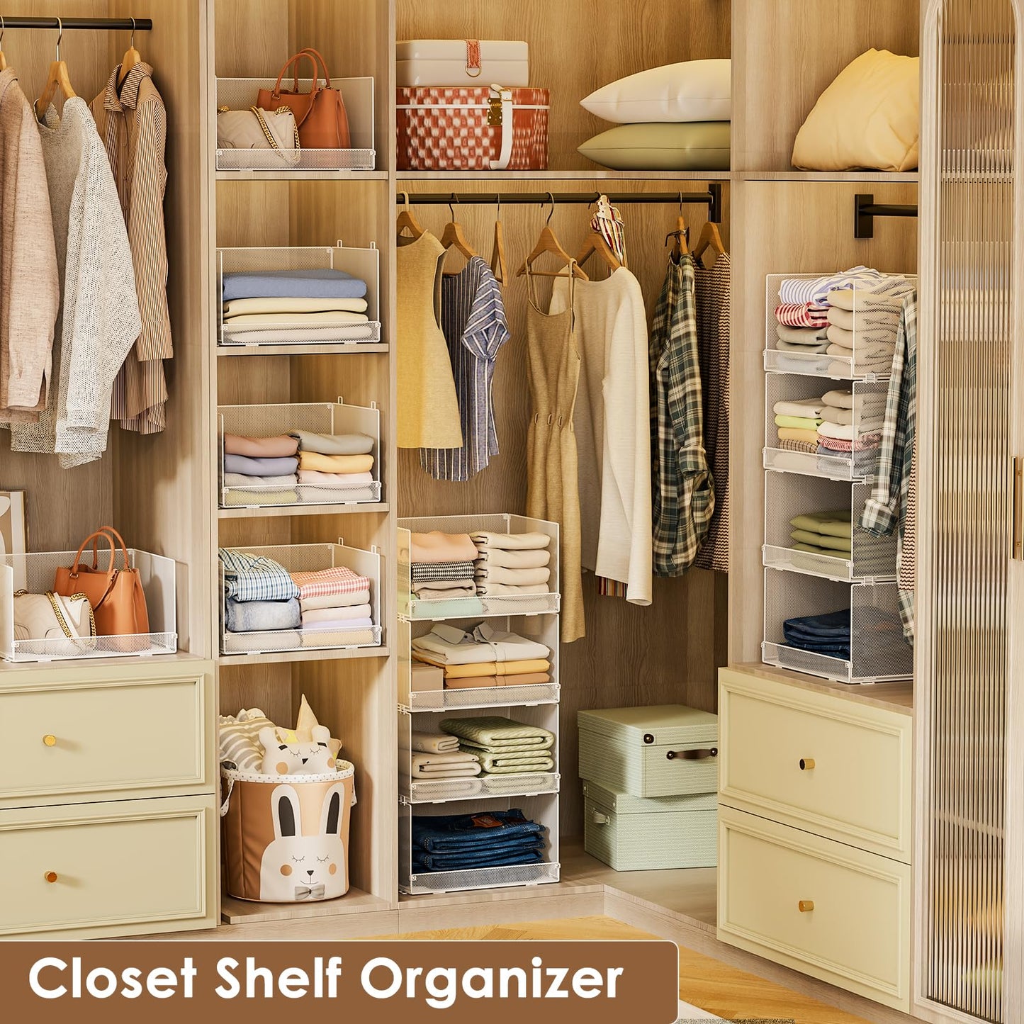 Tiaoheka 4-Tier Stackable Closet Organizers and Storage Shelves, Foldable Closet Shelf Organizer, Stackable Storage Bins Drawers for Closet Organizer System, White(Patent Pending)