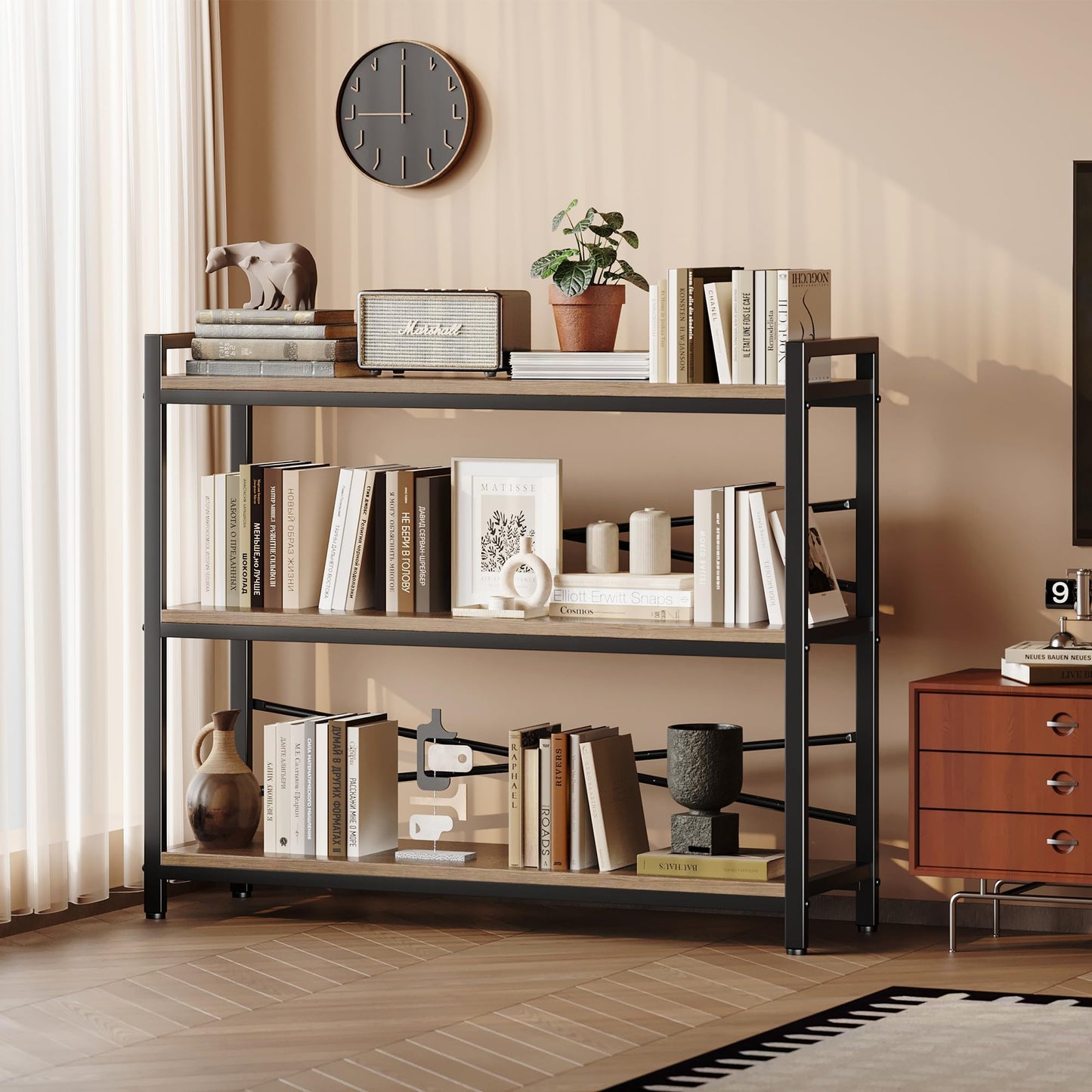 3 Tier Bookshelf 39.37" Width, Dorm Desk Hutch, Desk Shelf, Long Industrial Bookcase, Wooden Large Book Shelf for School Home Living Room Bedroom Office Storage(Light Coffee)
