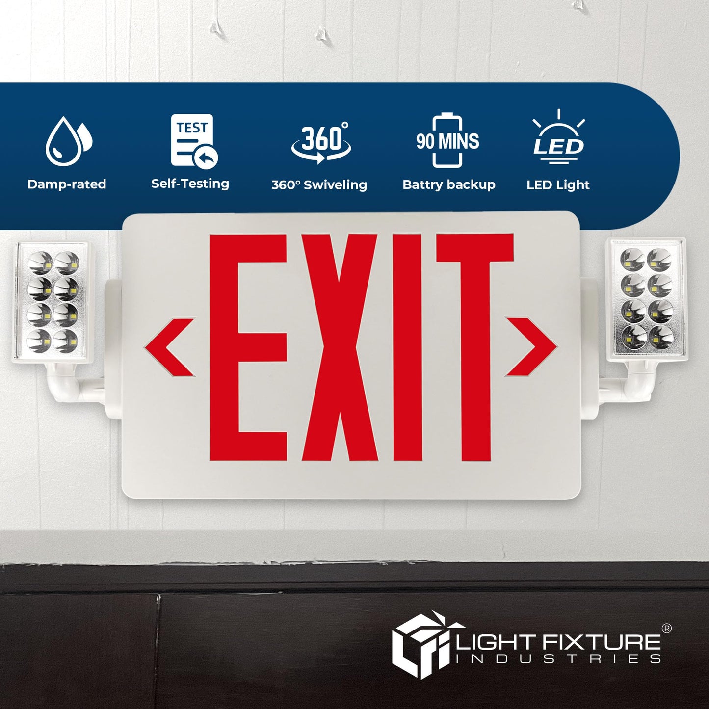 LFI Lights® Thin COMBO UL 924 Listed, Red LED, Exit Sign with Emergency Lights, White, 120-277VAC Hardwired with Battery Backup, Optional Double Face and Knock Out Arrows COMBOTRWBB