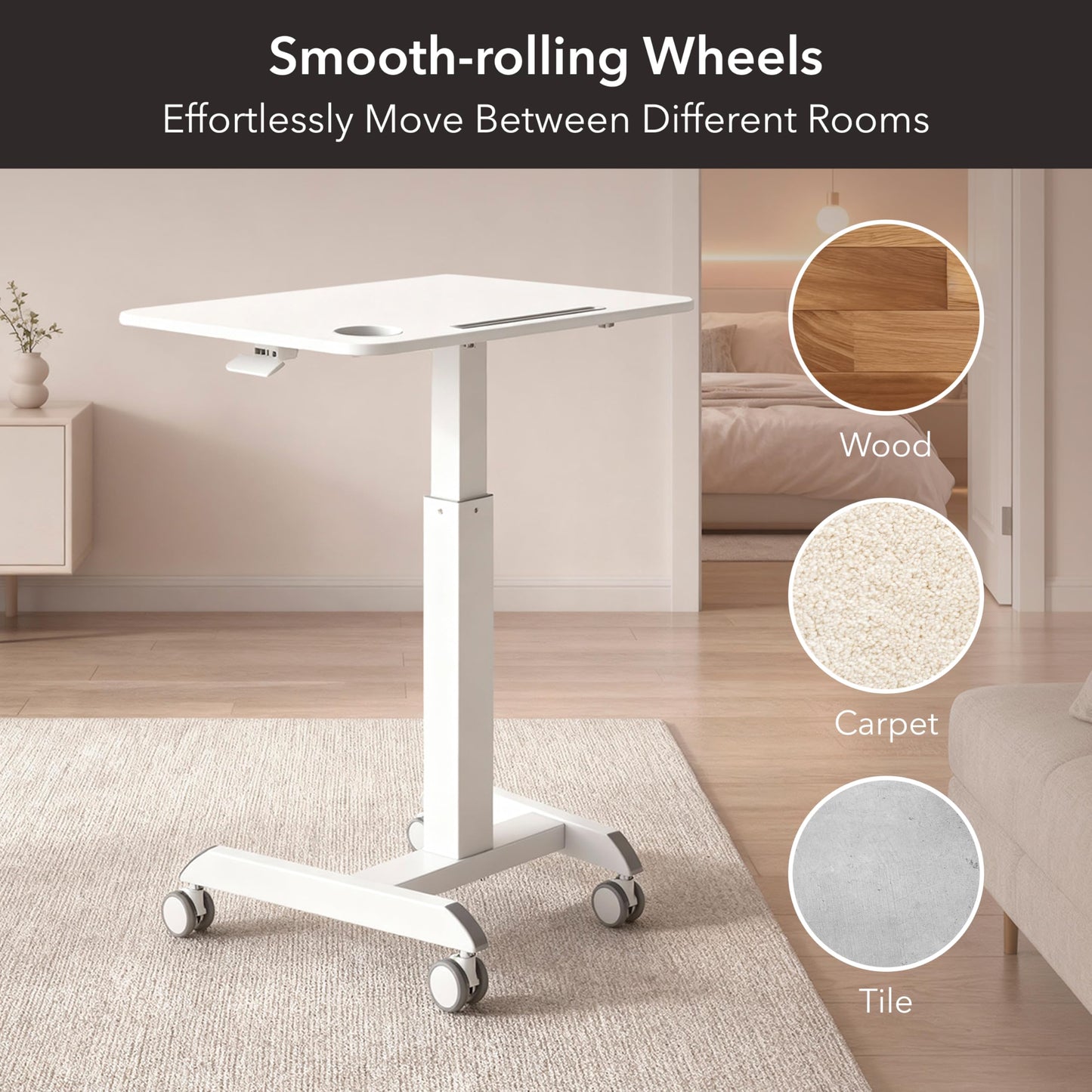 Mount-It! Laptop Cart Rolling Desk Adjustable Height with 28.5" x 22" Tabletop, Ergonomic Sit-Stand Workstation on Wheels Portable for Home Office, Dorm, Classroom, White