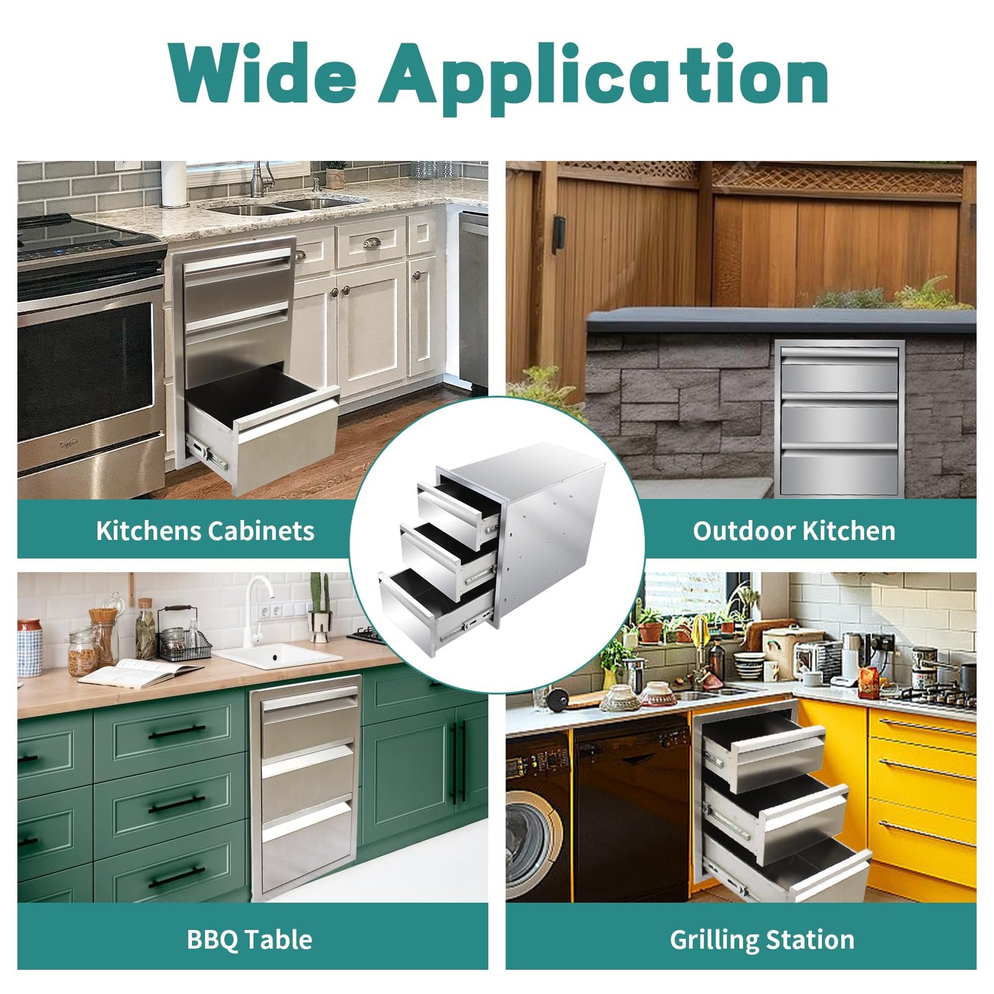 Outdoor Kitchen Drawers 14" W x 21" H x 23" D Stainless Steel Drawer BBQ Triple Drawers with Hidden Handle for Outdoor Kitchen Island, Patio Grill Station