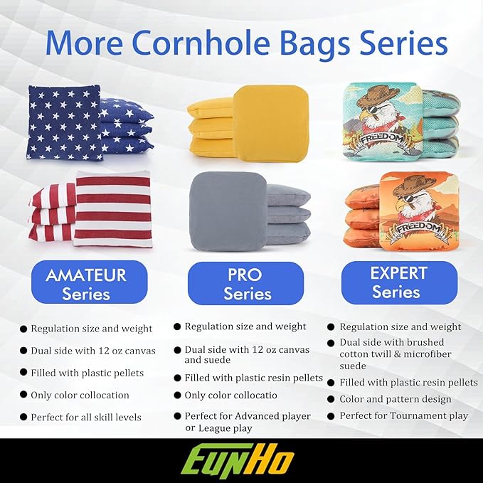 EunHo Dual Sided Cornhole Bags Regulation Set of 8 Professional Cornhole Bean Bags Slick and Stick for Tossing Game-All Weather