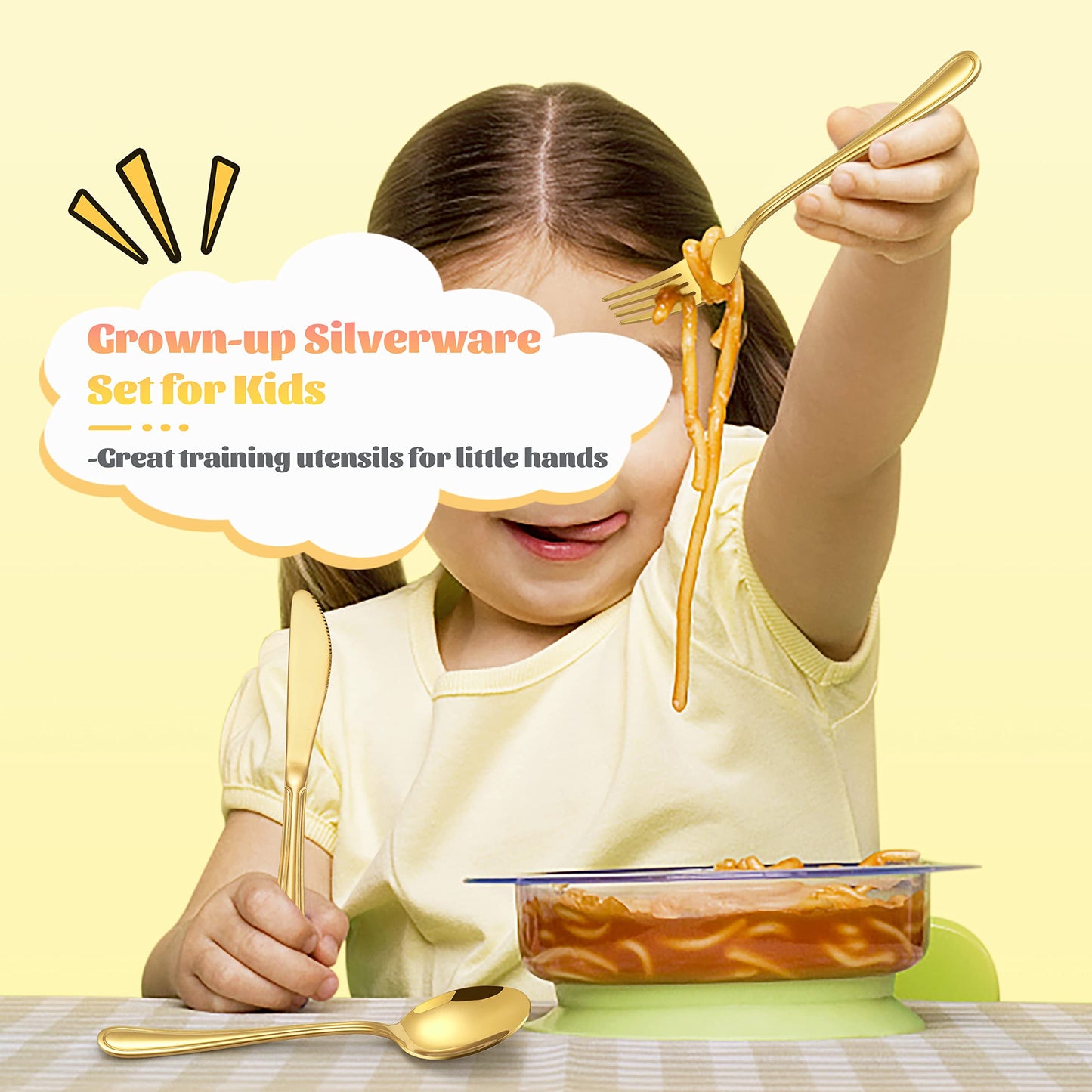 12-Piece Gold Kids Silverware, E-far Stainless Steel Toddler Kids Utensils Safe for Preschooler/Children, Includes 4 Forks 4 Spoons 4 Knife, Slimline Look & Small Size, Healthy & Rust Free